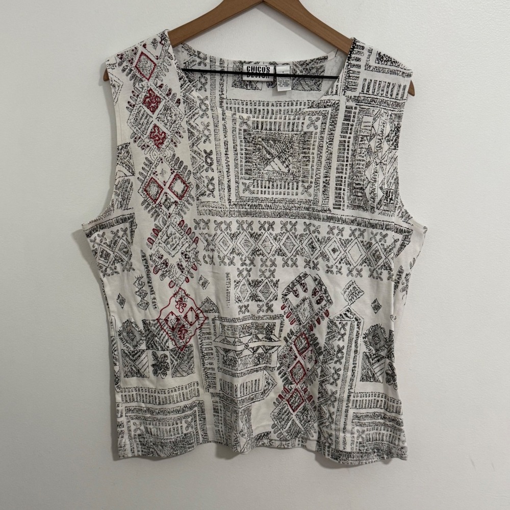Vintage Boho Tank Top Womens XL White Black Geometric Print Embroidered